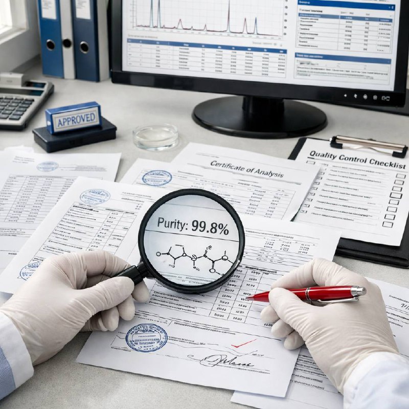 Professional COA verification process with magnifying glass examining purity results